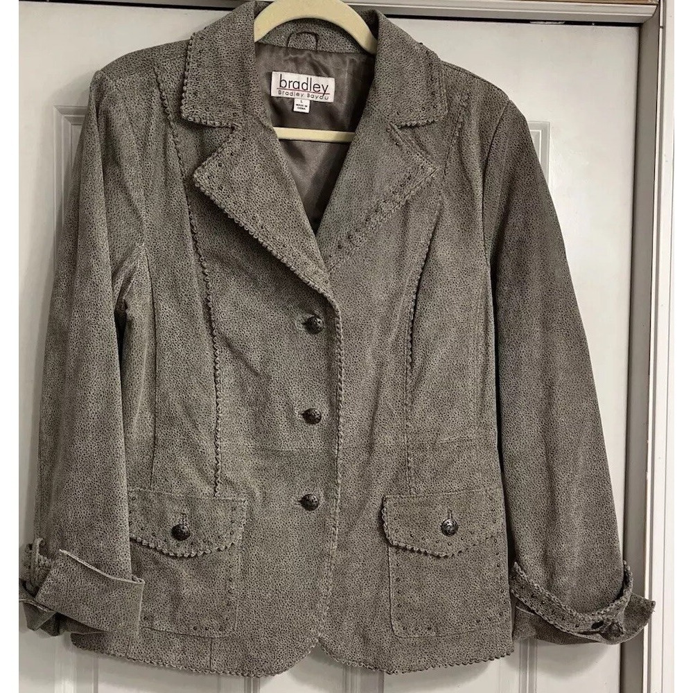 Bradley Bayou Gray Suede Jacket Studded Leather Size Large Pockets